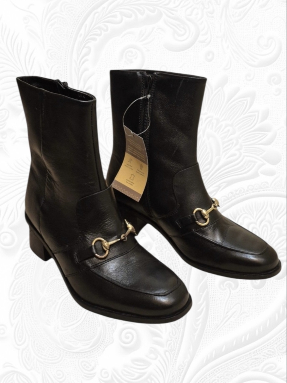 Allonsi Amelie Black Leather Bit Ankle Boots - Gold Horsebit Detail, Sz 8